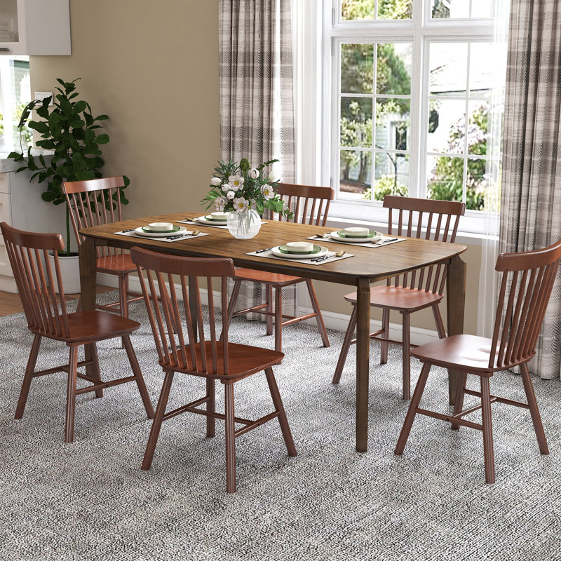 Rectangular Dining Table Set, Farmhouse Dining Table With Solid Wood Legs And Slat Back Windsor Dining Chairs For Kitchen/Dining Room/Guest Room