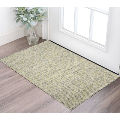 Tapis rayé en laine tissé à la main 2 pi x 3 pi ivoire et gris avec franges