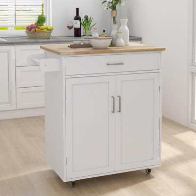 Îlot de cuisine avec chariot à roulettes avec tablettes réglables et plateau à serviettes en bois d'hévéa