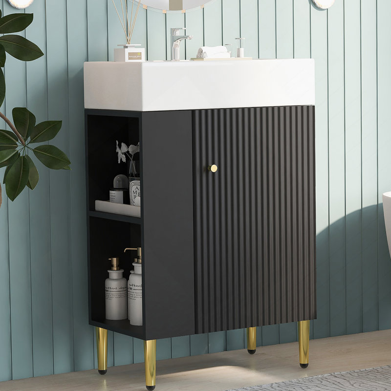 Meuble-lavabo noir 21,6 po, armoire combinée, meuble de rangement pour salle de bain, lavabo simple en céramique, rangement à gauche
