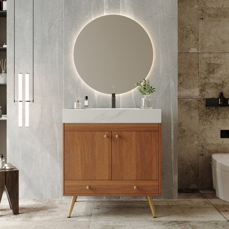 Meuble-lavabo autoportant moderne de 30 po avec plateau en pierre frittée, lavabo en céramique blanche et pieds dorés, armoire de rangement