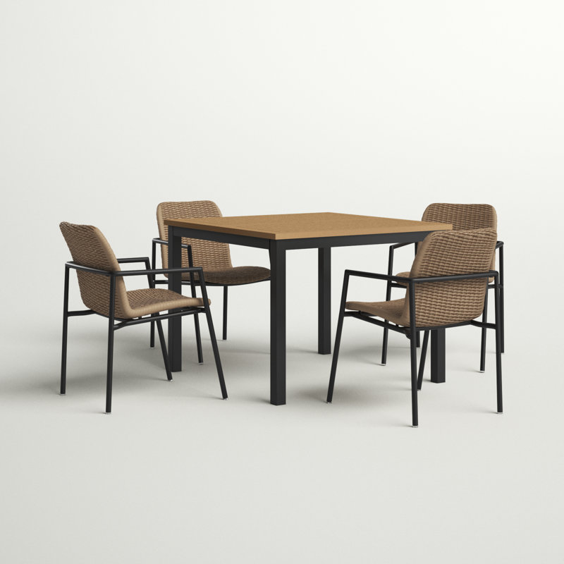 Orso 5-Piece 39" Square Dining Table & Armchairs Set - Natural Tekwood Top Sand Resin Wicker