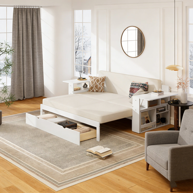 Grand lit de jour avec bureau amovible, Double , Blanc