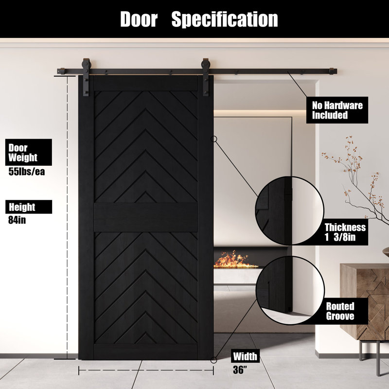 Porte de grange en bois de pin 4-en-1 à finition noire et non assemblée 36 po x 84 po Homacer Homacer (usage intérieur seulement)