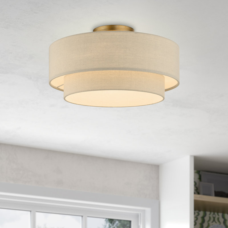 Bhagipuri Linen Blend Semi Flush Mount, Cream, 9.75" H x 18" W x 18" D, Antique Gold Leaf