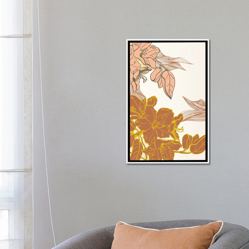 Fleurs et feuilles (orange) - impression d'art graphique, H 26 po x l 18 po x 1,5 po, Toile blanche encadrée, Non mat