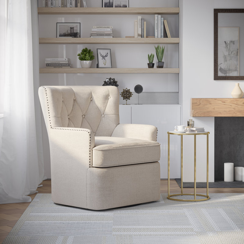 Ines 30'' Wide Tufted Swivel Armchair, Beige 