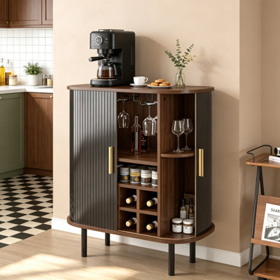 28" Fluted Bar Cabinet With Sliding Tambour Doors & Adjustable Shelves - Coffee And Wine Storage Buffet For Kitchen,Dining,Or Living Room