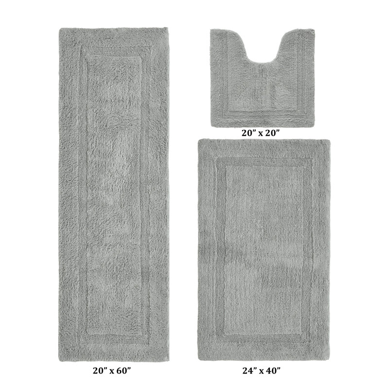 Annerose Premium 100% Cotton 2370 GSM 3-Piece Bath Rug Set, Ultra Soft, Super Absorbent, Reversible Tufted Weave Bathroom Mats, Machine Washable, OEKO-TEX® Certified Bath Rugs for Bathroom, Shower & Tub, Silver
