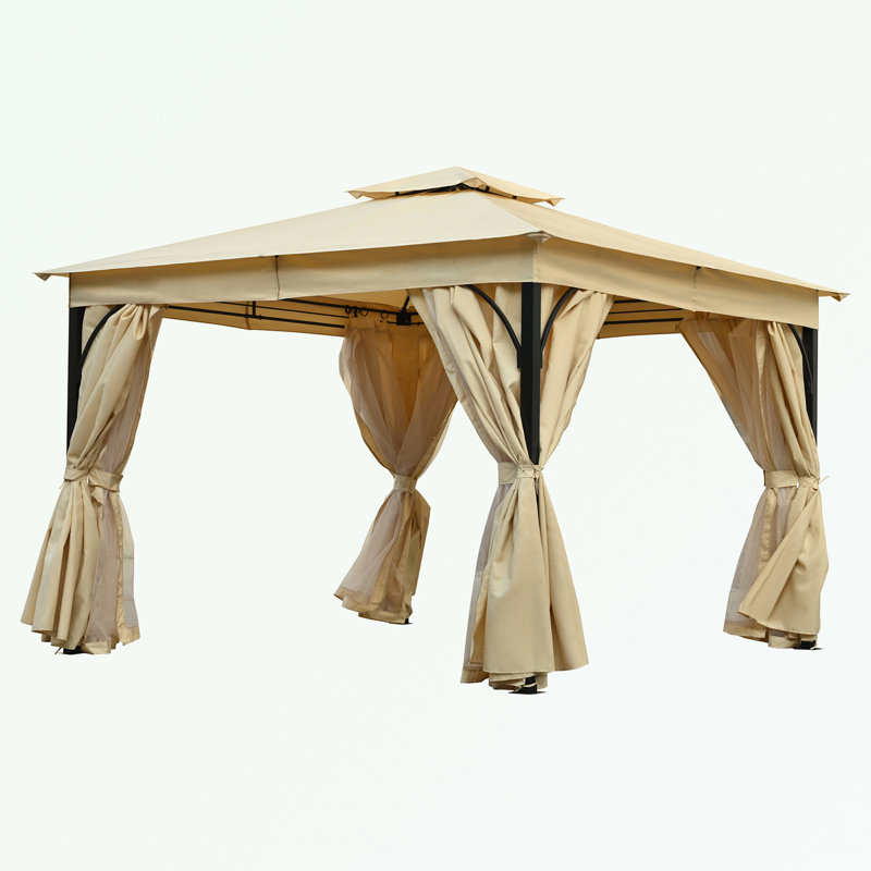 Outdoor Gazebo with Double Roofs and Privacy Screens, Beige, 108" H x 144" W x 120" D