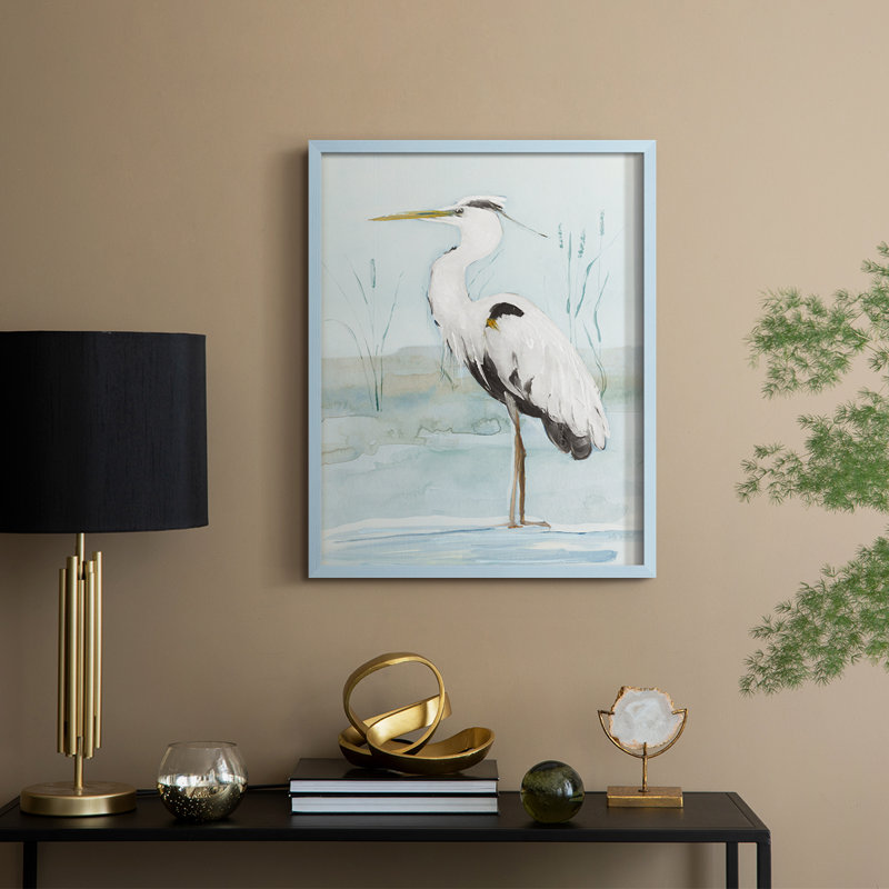 Heron on Blue II, reproduction encadrée - bois massif, H 15 po x l 12 po, Bleu