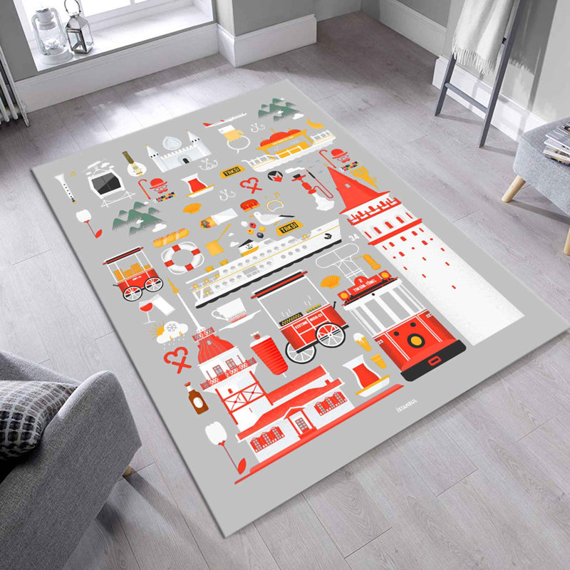 Tapis en polyester tissé à la machine en gris / rouge Kitson, Rectangle 4 pi 11 po x 7 pi 7 po