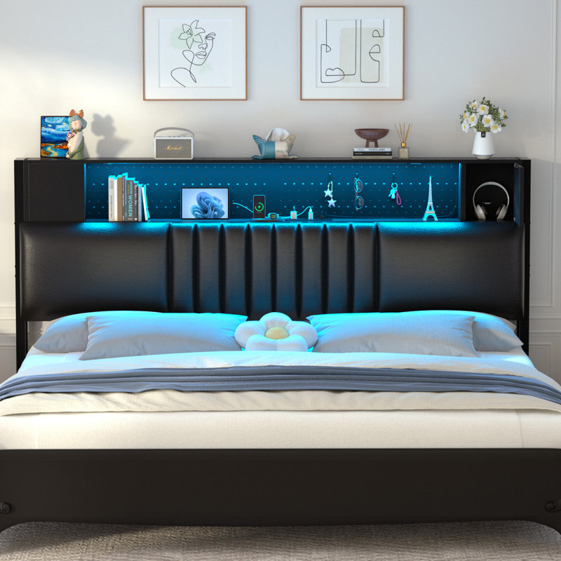 Storage Upholstered PU Headboard With LED Lights & Charging Station, Black, Queen