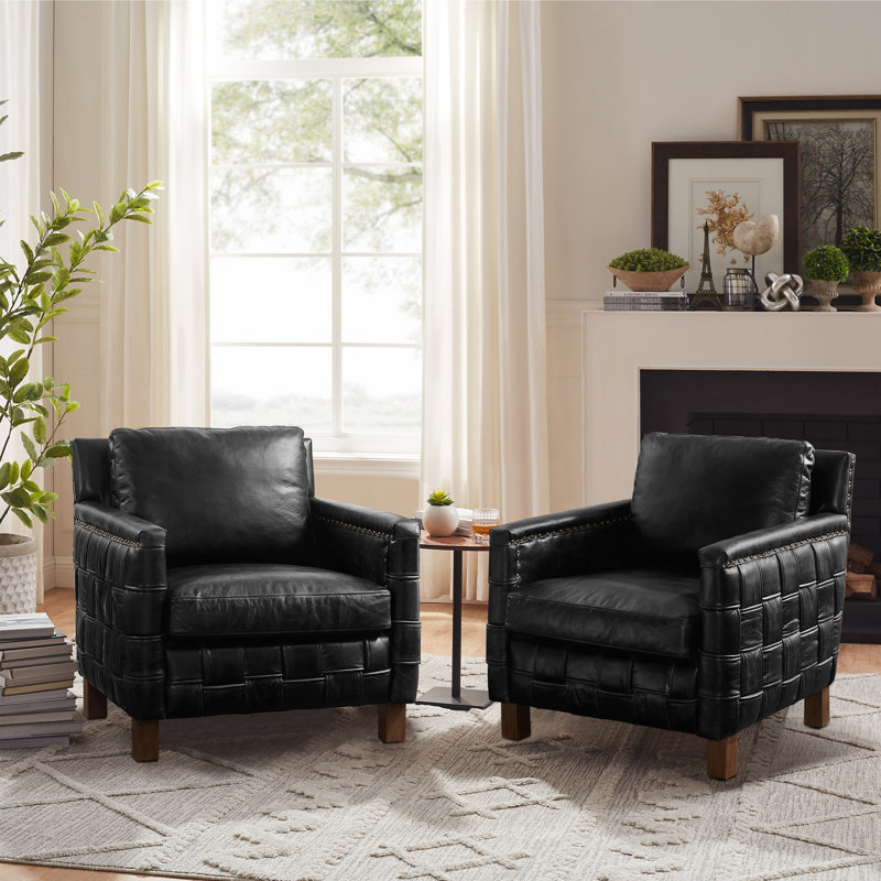 Top Grain Genuine Leather Armchair with removable back cushions Set Of 2, Black
