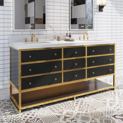  Meuble-lavabo autoportant de 72 po avec base à DEL Celestia, tiroirs cannelés, plateau en pierre d'ingénierie et structure en métal doré - finition noire