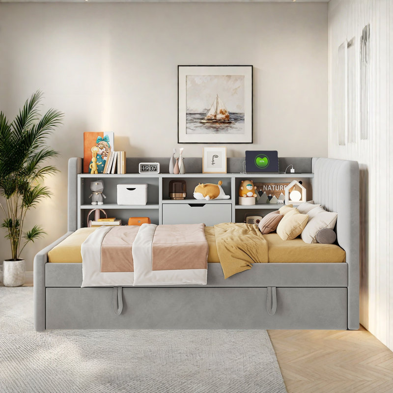 Upholstered Daybed With Trundle, Storage Shelves, Usb & Outlet And Vertical Striped Design, Gray
