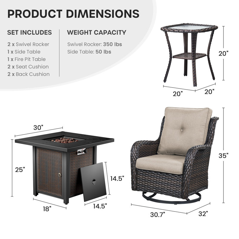 Ensemble de foyer d'extérieur 4 pièces Wendye avec 2 chaises pivotantes et table d'appoint pour patio, terrasse, jardin