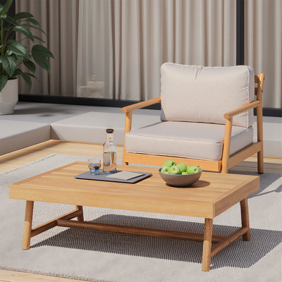 Ensemble de conversation en bois d'acacia, fauteuil club et table basse avec coussin résistant à l'eau, teck et beige