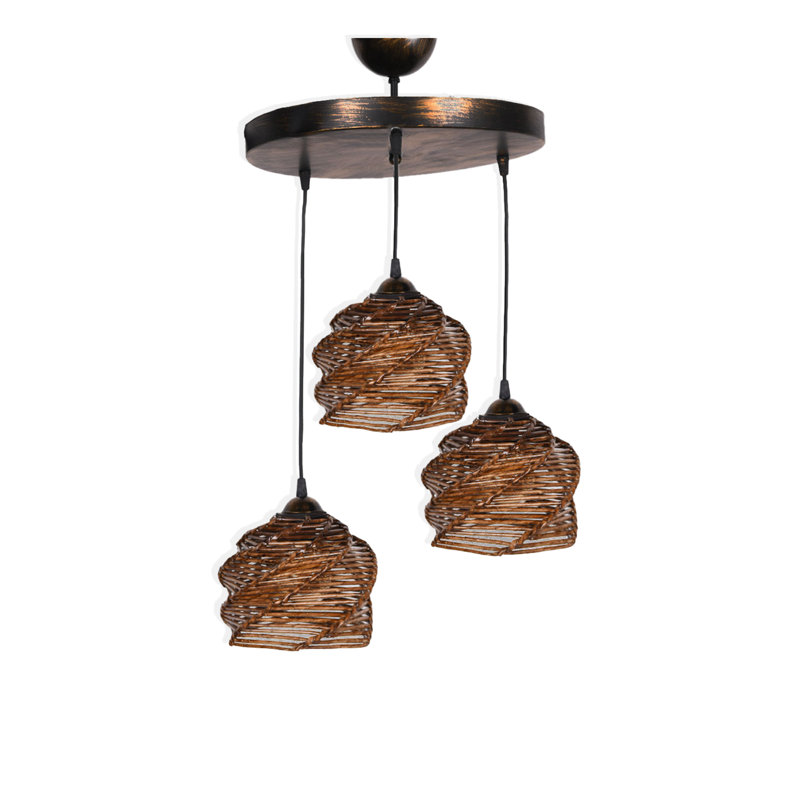 Luminaire suspendu en métal 3 lumières avec capuchon en bois