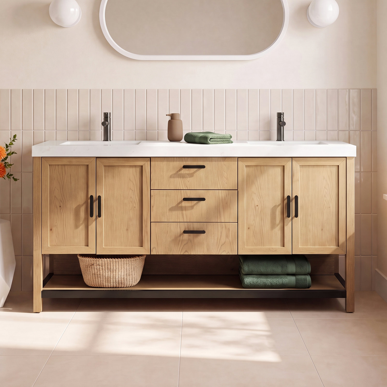Winchester 72" Double Bathroom Vanity, Pecan Oak, White