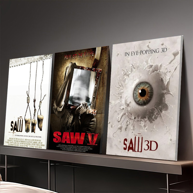 Ensemble de 3 affiches encadrées, style Saw, sur toile. Décoration murale idéale pour le cinéma maison, le salon, la chambre à coucher ou pour Halloween. Impressions vintage parfaites pour les amateurs d'horreur. Idée cadeau.