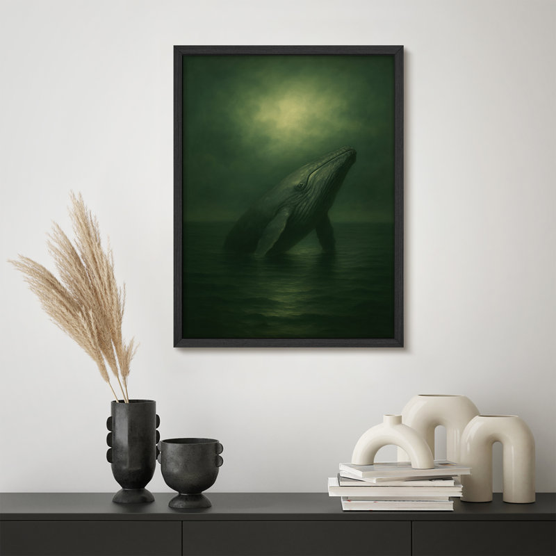 Reproduction d'art encadrée - Baleine faisant surface sous une lumière éthérée, art dramatique de la faune de l'océan pour des intérieurs contemporains