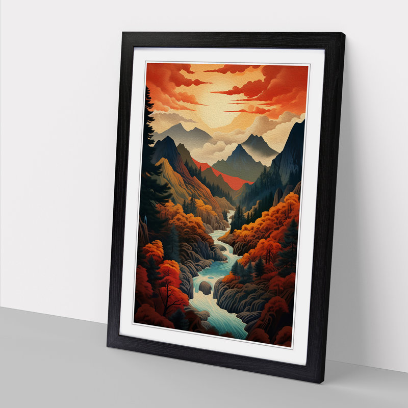 Japanese Mountains Futurism No.3 - Single Picture Frame Print on Wood, 46cm H x 34cm W x 2cm D, Black