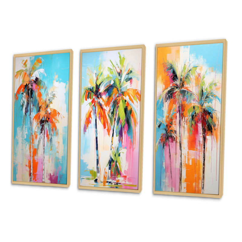 «Palm Trees Palm», 3 pièces sur toile, Cadre naturel flottant, H 20 po x l 36 po
