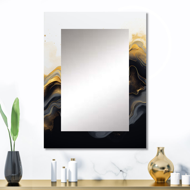 Or et marbre noir Essence II - miroir décoratif en marbre, miroir mural doré, impression d'art en métal, 32 po x 24 po