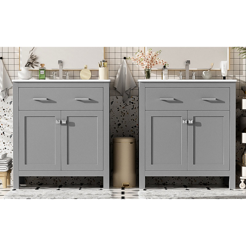 Meuble-lavabo de 60 po avec deux meubles-lavabos, lavabos en céramique et fermeture en douceur - Élément sophistiqué moderne en gris, option de tablettes réglables