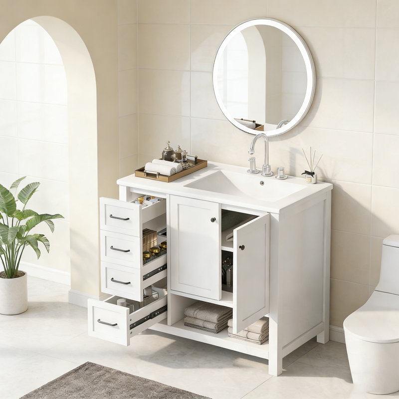 Meuble-lavabo de salle de bain avec comptoir, deux portes et deux tiroirs, Blanc