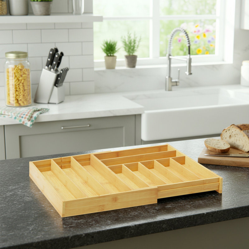 Organisateur de tiroir extensible en bambou avec étiquettes, porte-ustensiles de cuisine à 10 fentes pour le rangement des couverts, des couverts et des couteaux