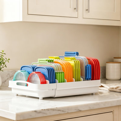  Expandable Food Container Lid Organizer, Fits 12" Deep Cabinets, Adjustable 13.4" to 20.5", 8 Dividers for Kitchen Drawer Pantry Storage