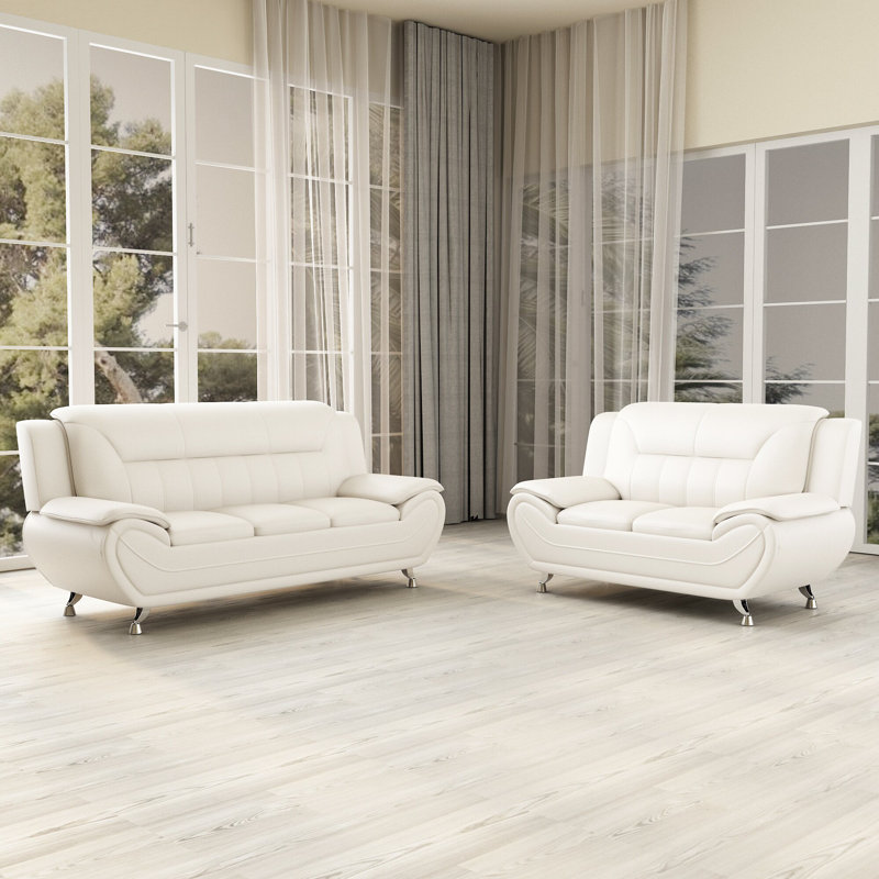 2 - Piece Faux Leather Living Room Set, White Faux Leather
