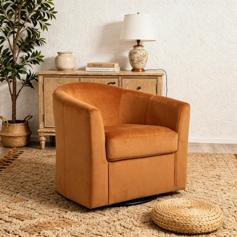 Upholstered Orange Velvet Swivel Barrel Chair, Orange