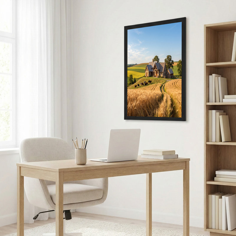 «Stone Farmhouse and Cows in Golden Wheat Field», art mural sur toile, H 36 po x l 48 po