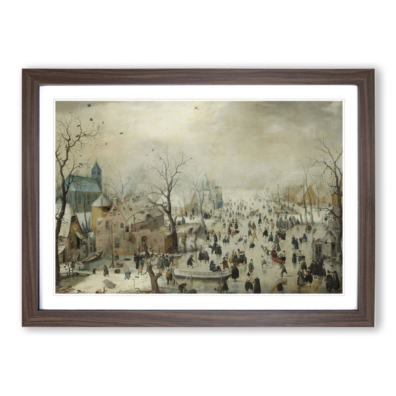 Winter Landscape with Skaters by Hendrick Avercamp - Picture Frame Painting on MDF, Walnut Framed, 36cm H x 48cm W x 2cm D