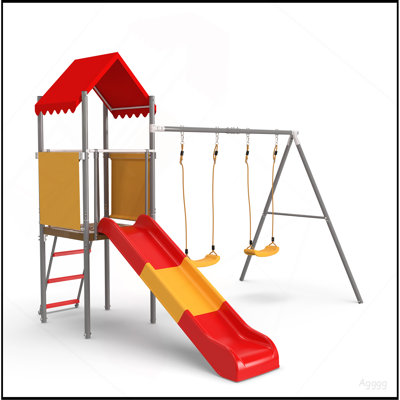 Metal and Plastic Treehouse Swing Set with Slide, Belt Swings, and Canopy – Safe, Sturdy, and Portable for Kids Ages 3-8