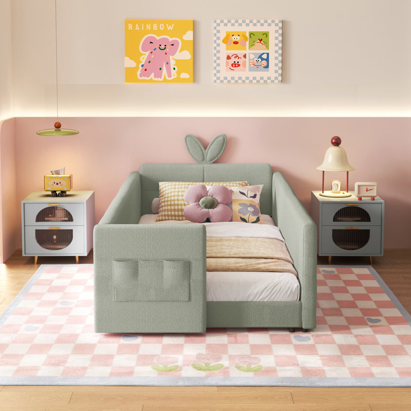 Twin Size Upholstered Platform Bed With Cute Rabbit Ear Shaped Headboard, Safety Rail, And Convenient Storage Pocket, Boucle Fabric – Perfect For Kids' Bedroom