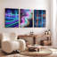 Ensemble de 3 tableaux muraux abstraits sur toile, représentant des vagues et un circuit imprimé, inspirés d'un paysage néon.-318588281