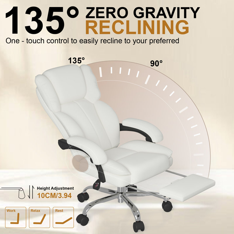 Executive Office Chair with Retractable Footrest, Adjustable Headrest, Padded Arms, Easy Assembly, White, White