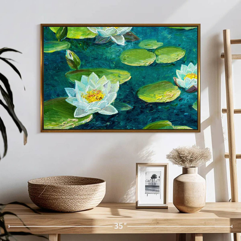 Fleur de nénuphar, 25 po x 17 po, Cadre flottant doré