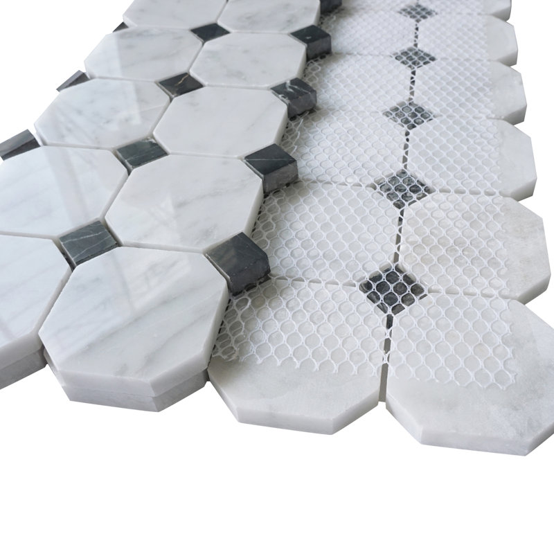 Polished 1" x 6" Marble Octagon and Dot Mosaic Wall & Floor Tile