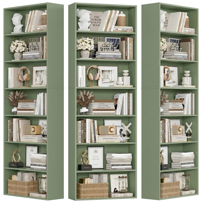 3-Pieces 82.5"H Wood Double 7-Tier Standard Bookcases, Home Library Bookcase Set, Green