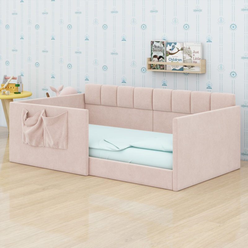 Upholstered Daybed High Side Panels Privacy Design with Side Entrance & Storage Pockets, Twin, Pink