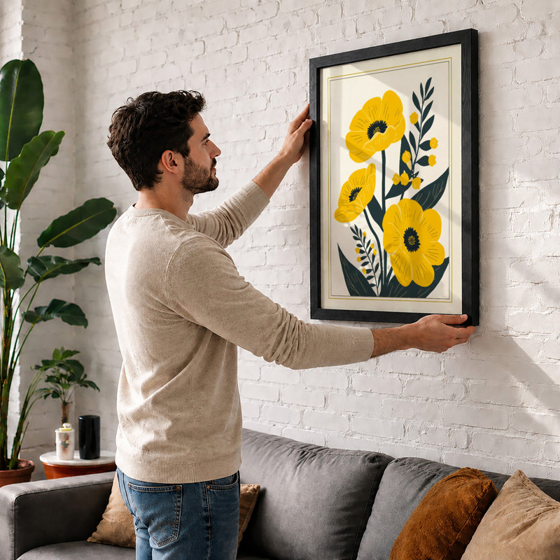 Three Stem Botanic Botanical - Framed Print, Black, A4 - 29.7 x 21.0 cm