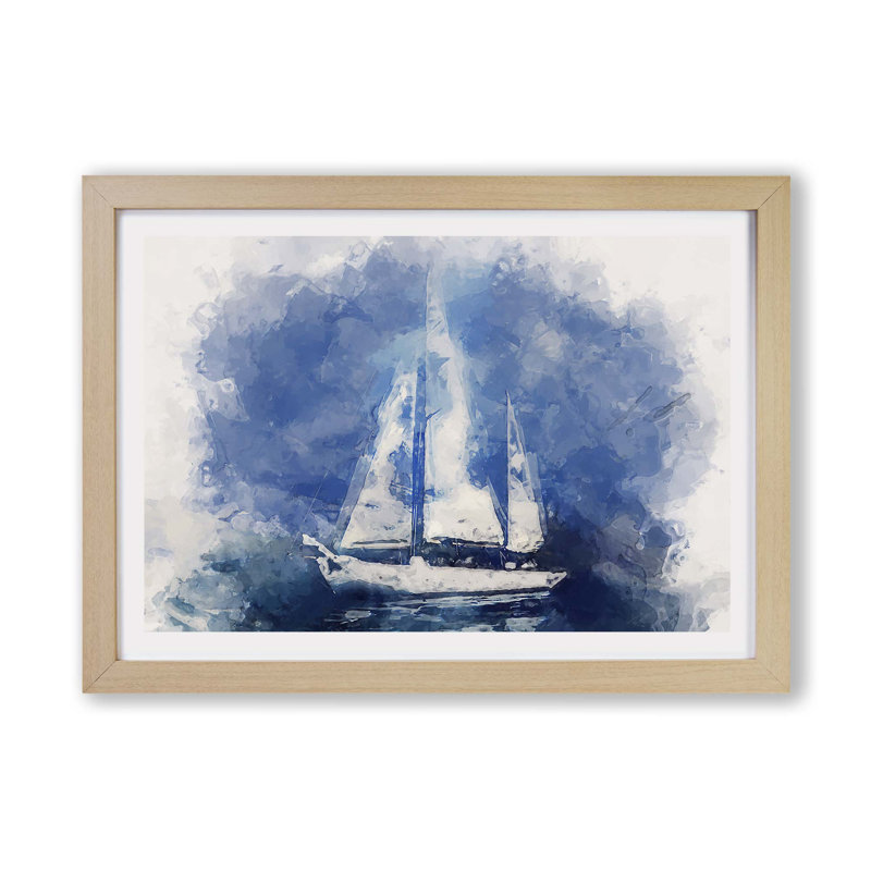 White Sailboat Paint Strokes - Framed Print, 45cm H x 63cm W x 2cm D, Oak