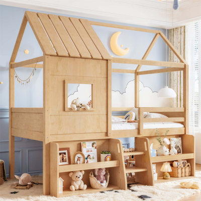 Lit mezzanine simple avec tablettes de rangement, escalier et sans sommier, idéal pour les chambres créatives et organisées (sans matelas)