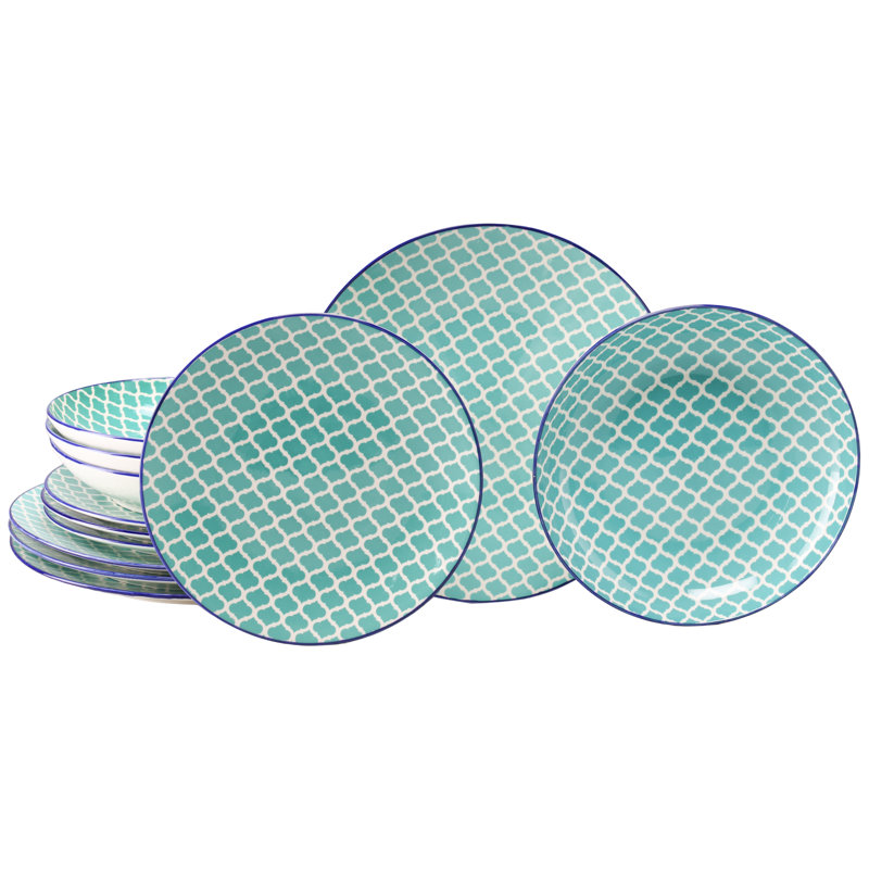 Mediterranean Stoneware Dinnerware Set Piece, Petrol and white