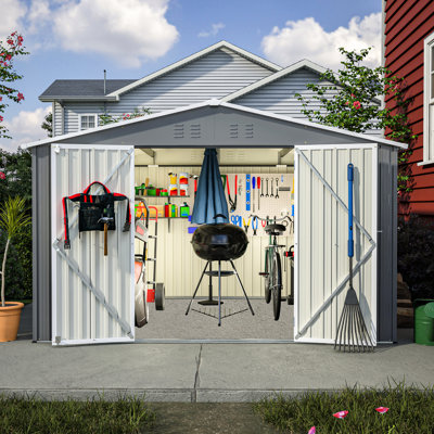 Remise en métal 10 x 8 pi, grise - toutes saisons avec porte verrouillable, idéale pour le jardin, le patio, la cour arrière et l'organisation de la pelouse